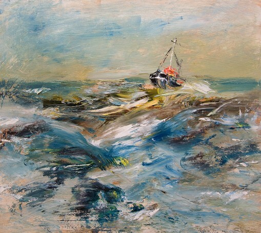 Ship in waves, oil painting